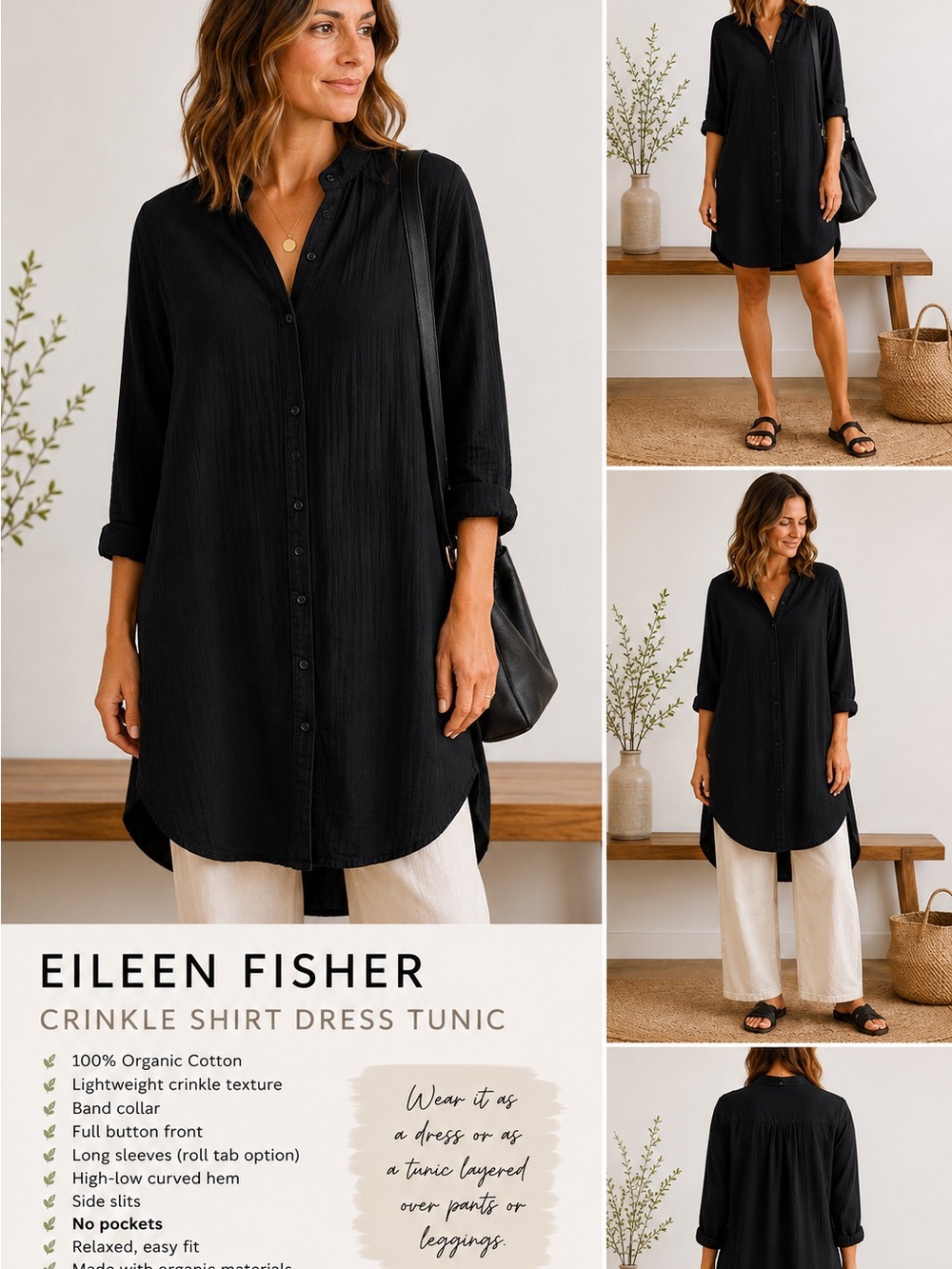 Eileen Fisher Black Organic Cotton Crinkle Dress Tunic L‎ Minimalist Lagenlook